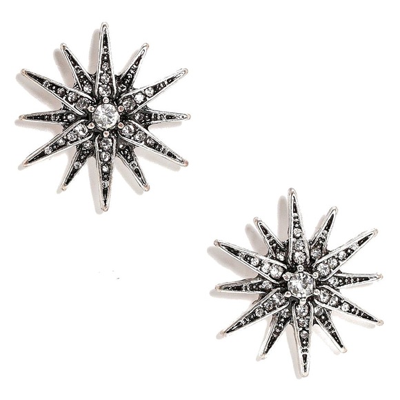 Antiqued Silver & Crystal Star Stud Earrings - Picture 3 of 8
